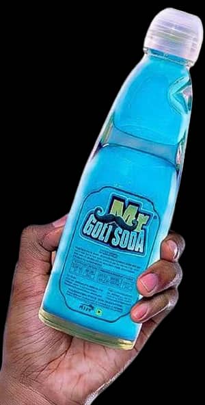 A hand holding a bottle of Blueberry Mr. Goli Soda